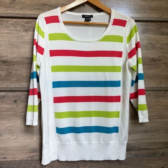 J'ENVIE New York White Green Blue Red 3/4 Sleeve Blouse Women's L - Picture 6 of 11